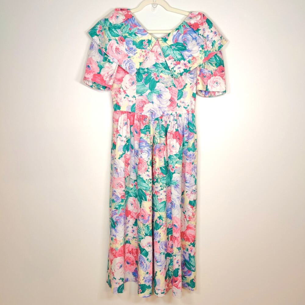Vintage Lanz Originals Floral Puff Sleeve Midi Dress Cottagecore 80s EUC Pockets